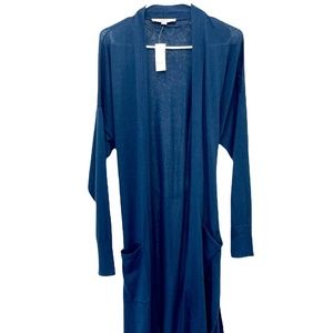 Loft Long Open Front Teal Blue Cardigan with Belt Linen Blend Women Size XL